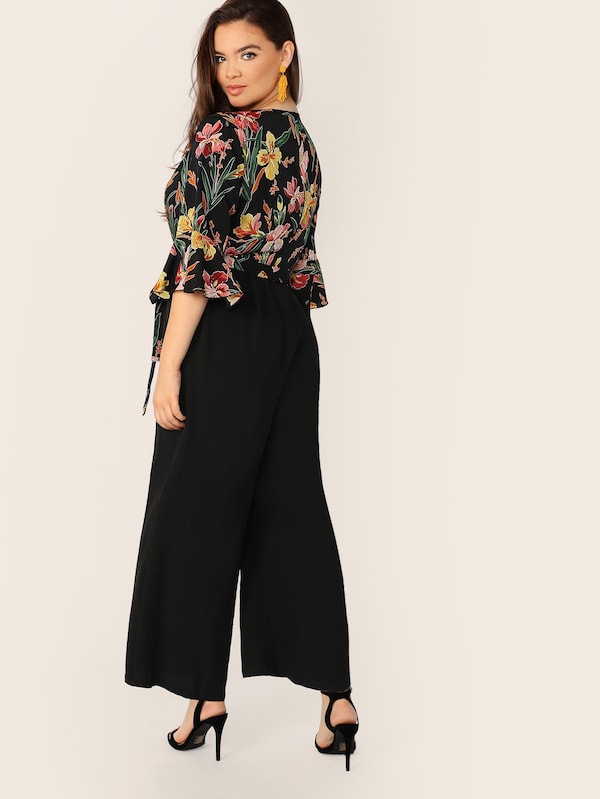 Plus Wrap Self Belted Botanical Palazzo Jumpsuit