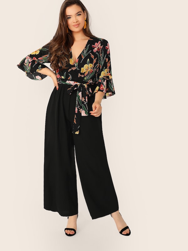 Plus Wrap Self Belted Botanical Palazzo Jumpsuit