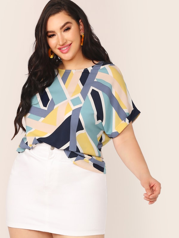 Plus Geo Print Cuffed Sleeve Top