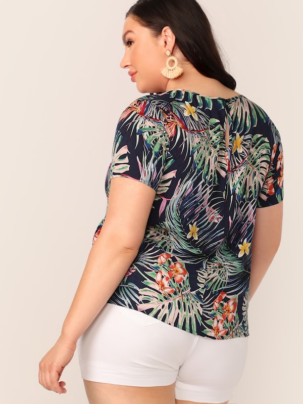 Plus Keyhole Back Tropical Print Top