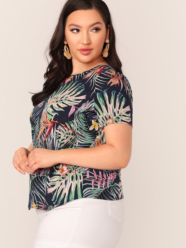 Plus Keyhole Back Tropical Print Top