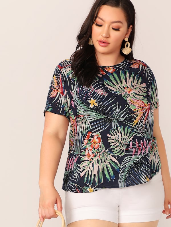 Plus Keyhole Back Tropical Print Top