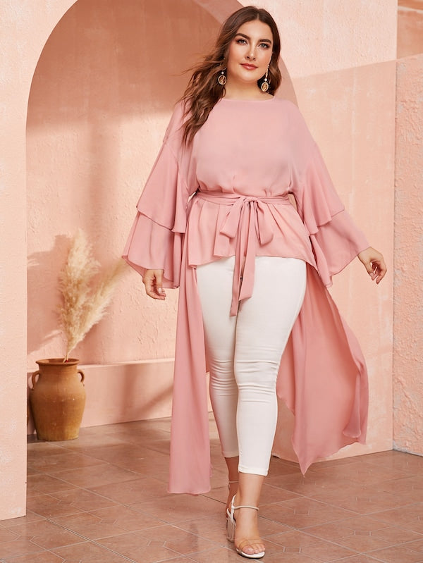 Plus Flounce Sleeve High Low Belted Top