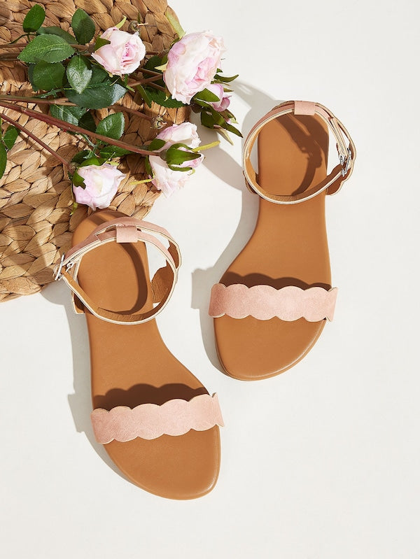 Scalloped Trim Buckle Strap Flat Sandals