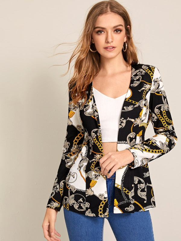 Scarf Print Open Front Blazer