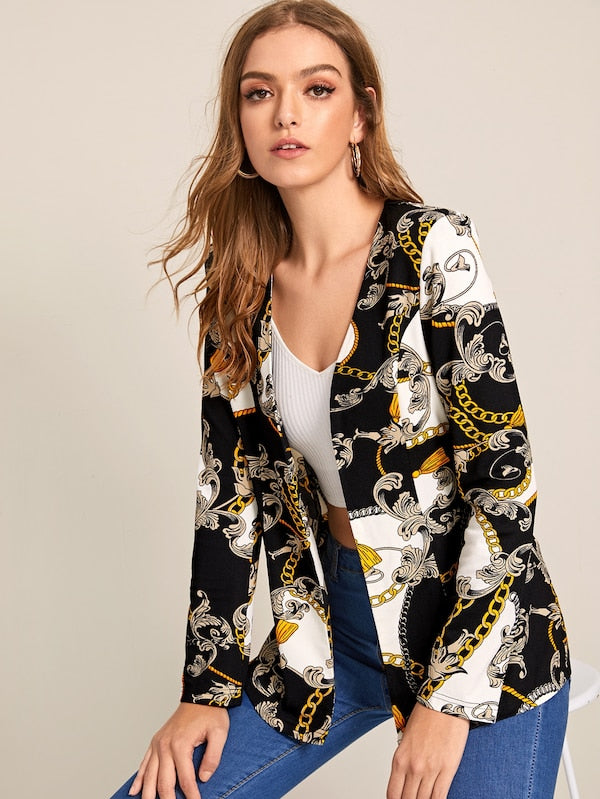 Scarf Print Open Front Blazer