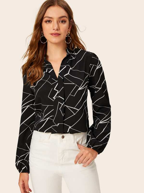 Random Stripe Print Notched Neck Blouse