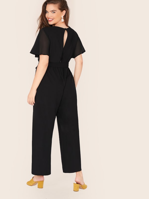 Plus Embroidery Front Self Belted Wide Leg Jumpsuit