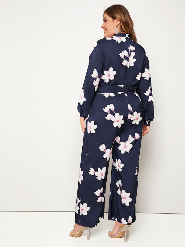 Plus Floral Peekaboo Belted Jumpsuit