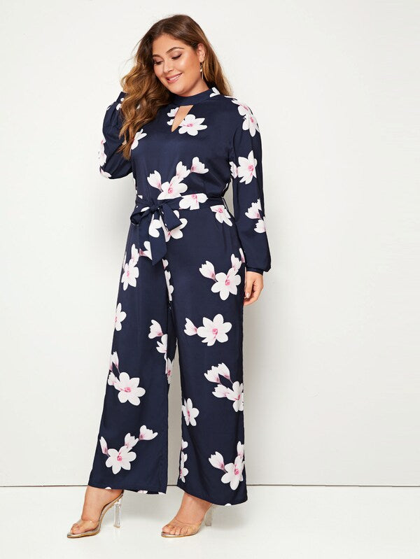 Plus Floral Peekaboo Belted Jumpsuit