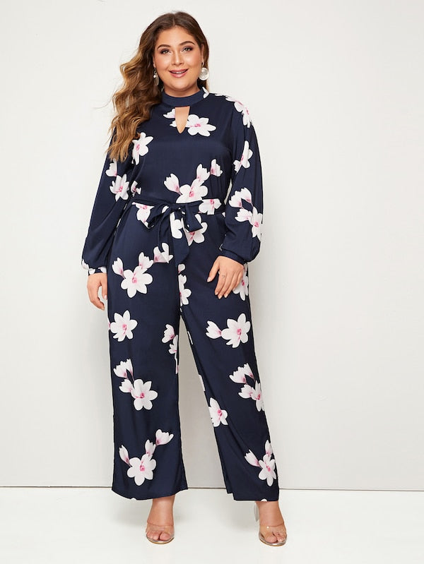 Plus Floral Peekaboo Belted Jumpsuit