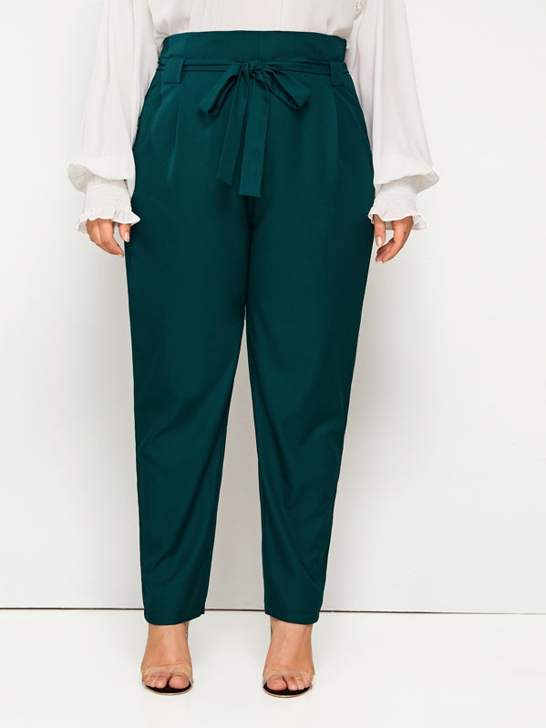 Solid Wide Band Belted Trousers