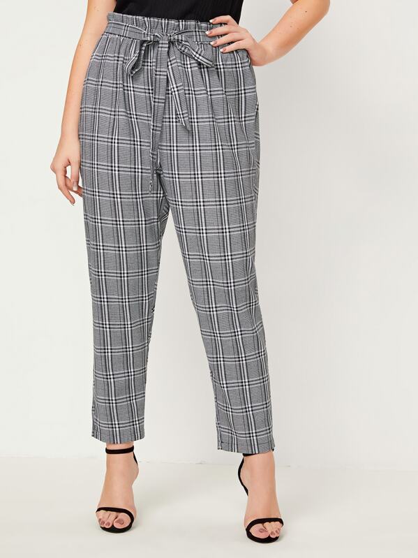 Plus Plaid Paperbag Waist Belted Carrot Trousers