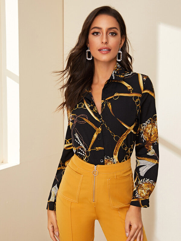 Button Front Chain Print Blouse