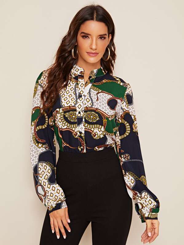 Chain & Geo Print Notched Neck Blouse