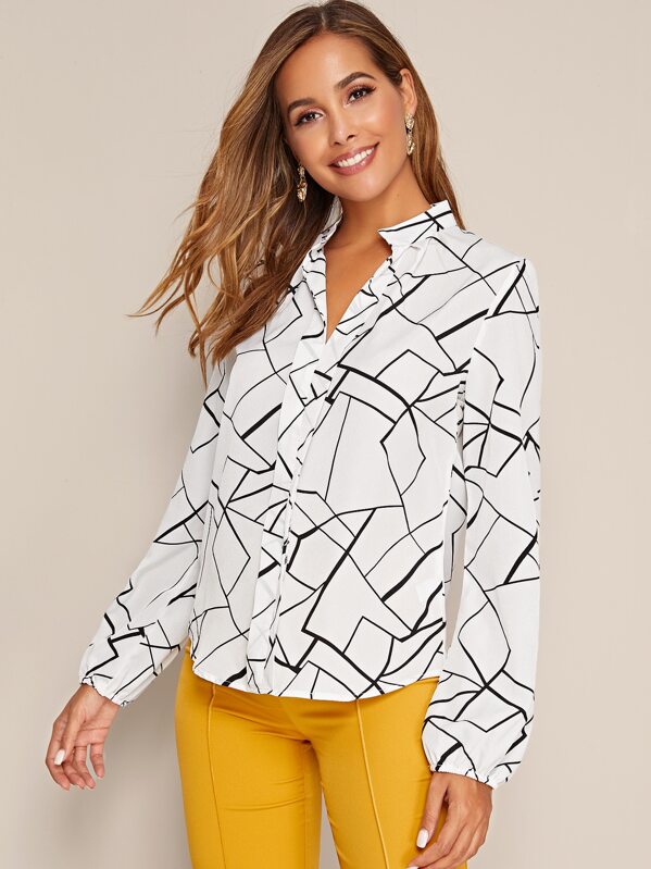 Notch Neck Geo Print Blouse