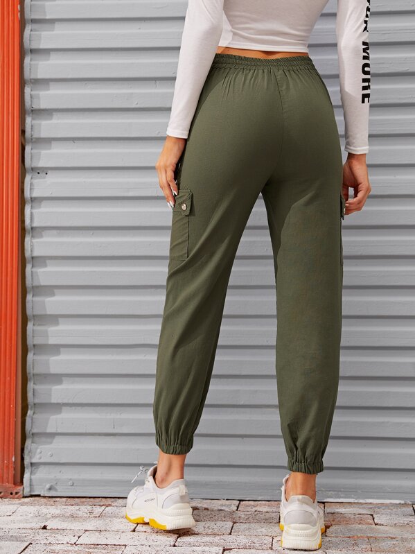 Flap Pocket Elastic Hem Army Green Cargo Trousers