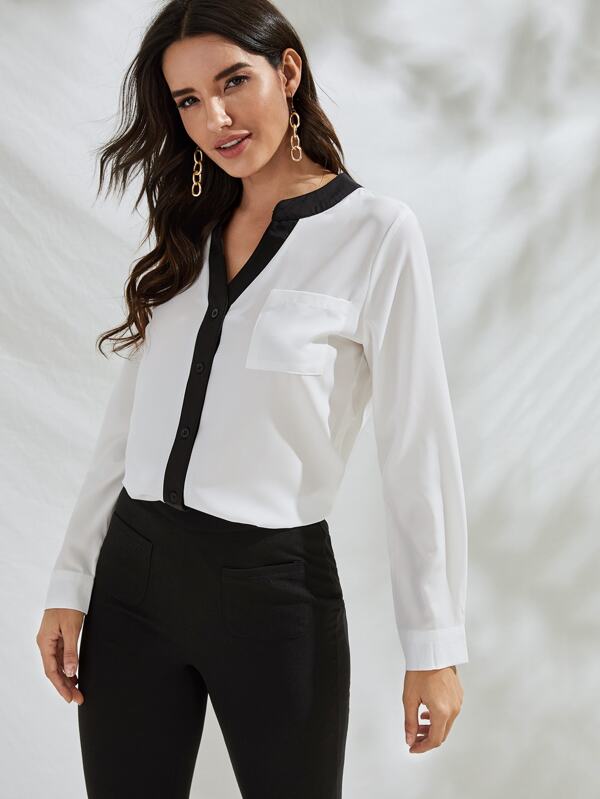 Contrast V Neck Button Single Pocket Blouse