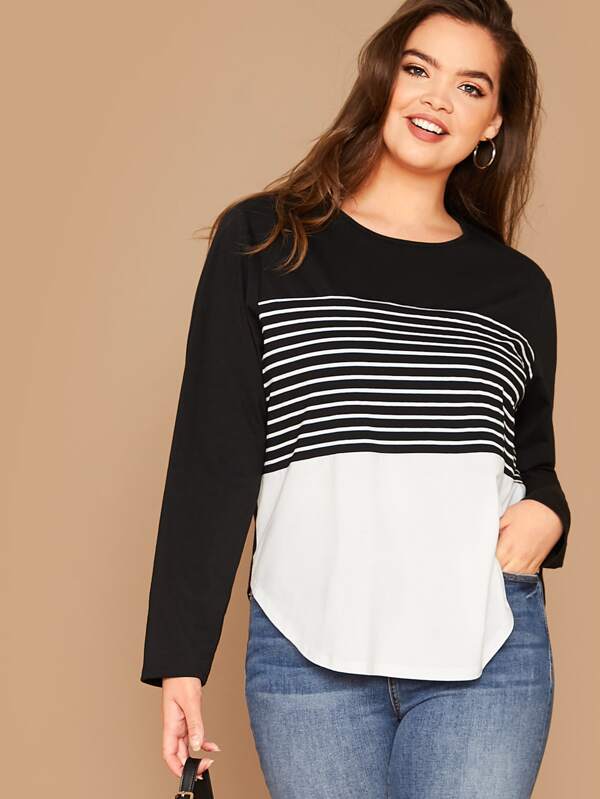 Plus Two Tone Curved Hem Striped Tee