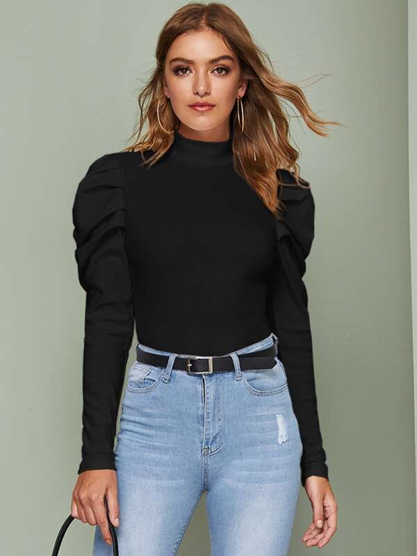 High Neck Gigot Sleeve Black Tee