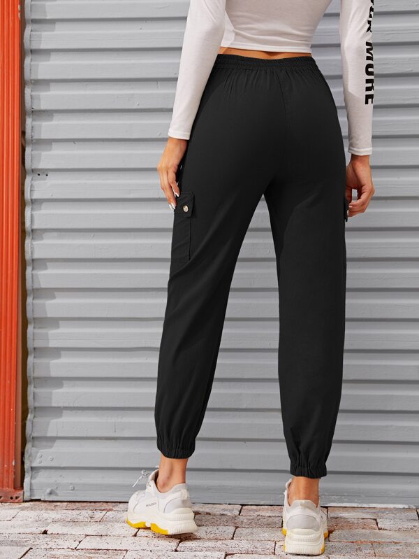 Flap Pocket Elastic Waist Black Cargo Trousers