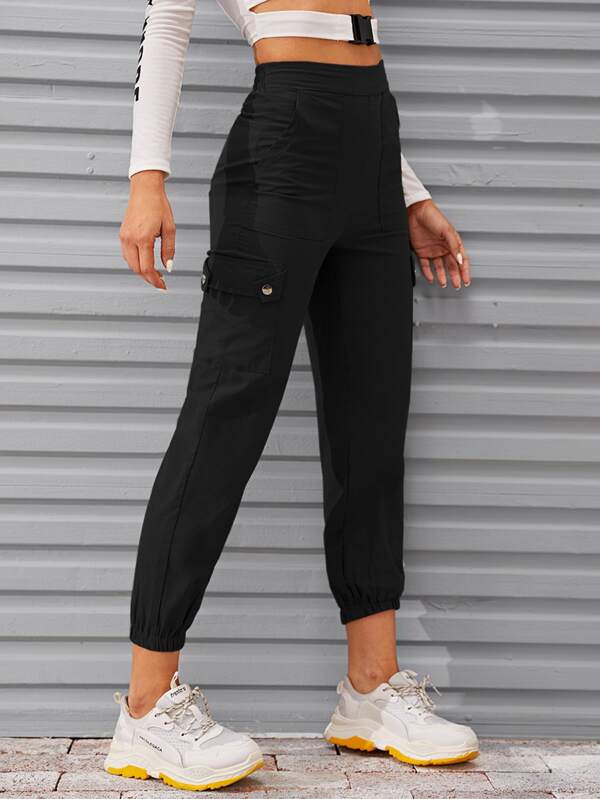 Flap Pocket Elastic Waist Black Cargo Trousers