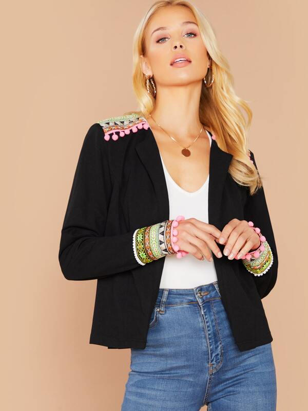 Open Front Pompom Trim Tape Detail Jacket