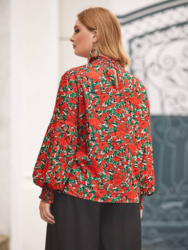 Plus Shirred Neck Blouson Sleeve Floral Blouse