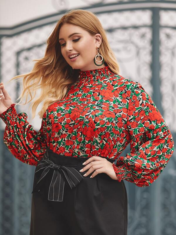 Plus Shirred Neck Blouson Sleeve Floral Blouse