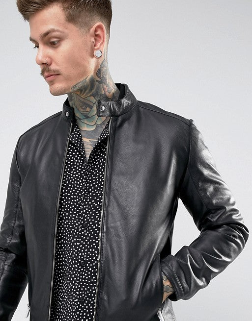 Leather Racing Biker Jacket in Black