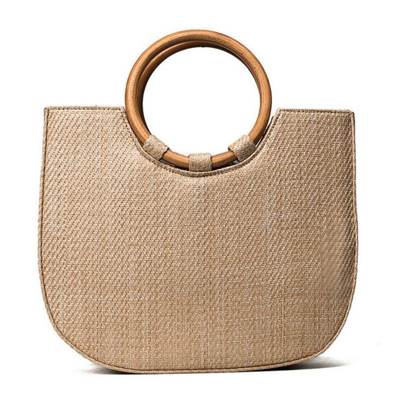 Wooden Handle Knitted Straw Bags