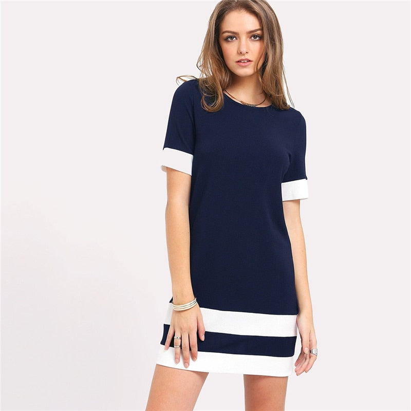 Color Block Stripe Short Sleeve Shift Dress