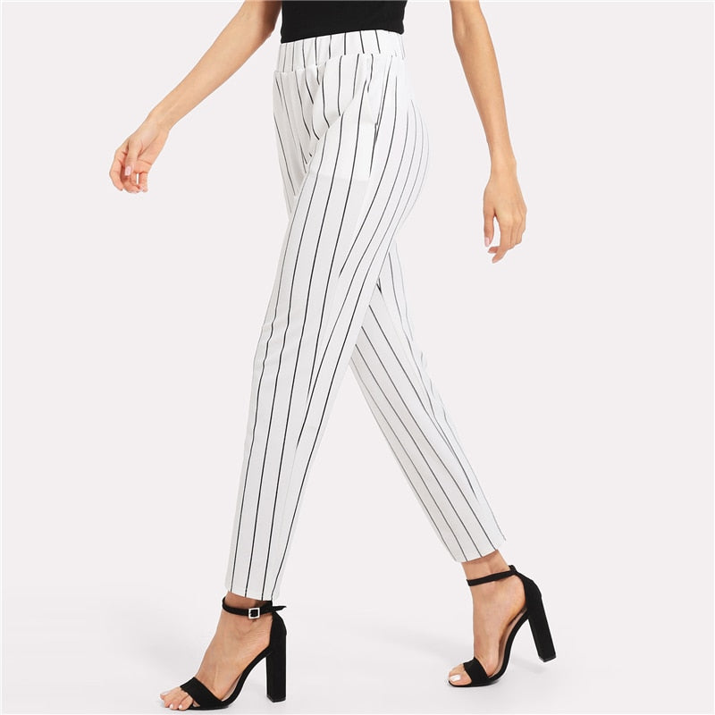 Elastic Waist Vertical Striped Pants