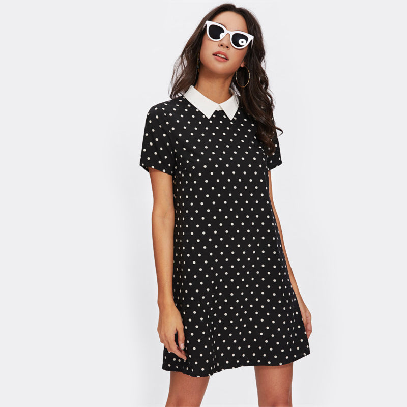 Contrast Collar Polka Dot Dress