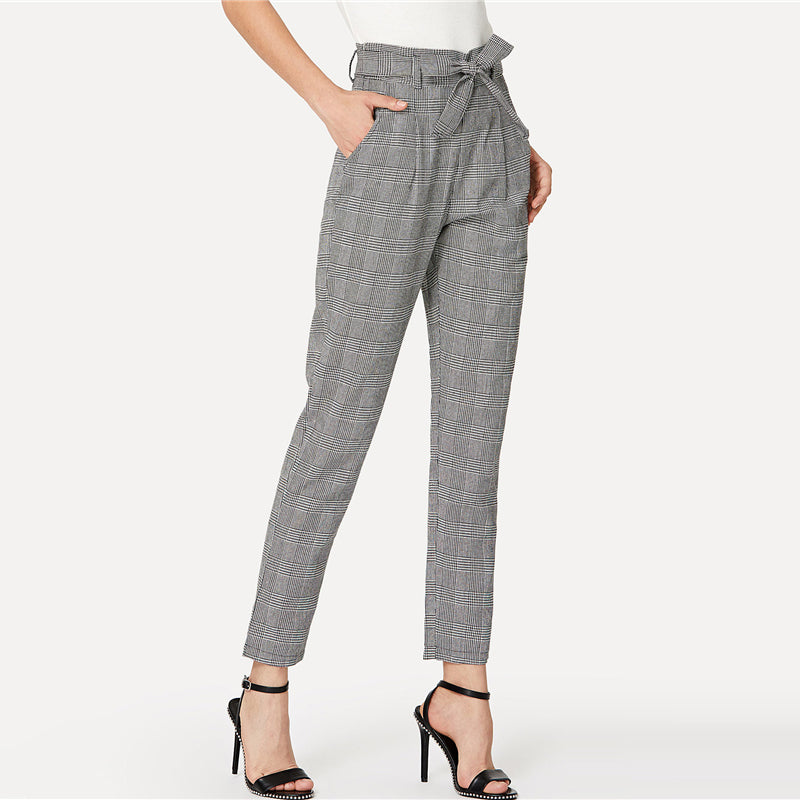 Mid Waist Plaid Workwear Tapered Pants