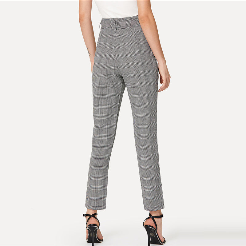 Mid Waist Plaid Workwear Tapered Pants