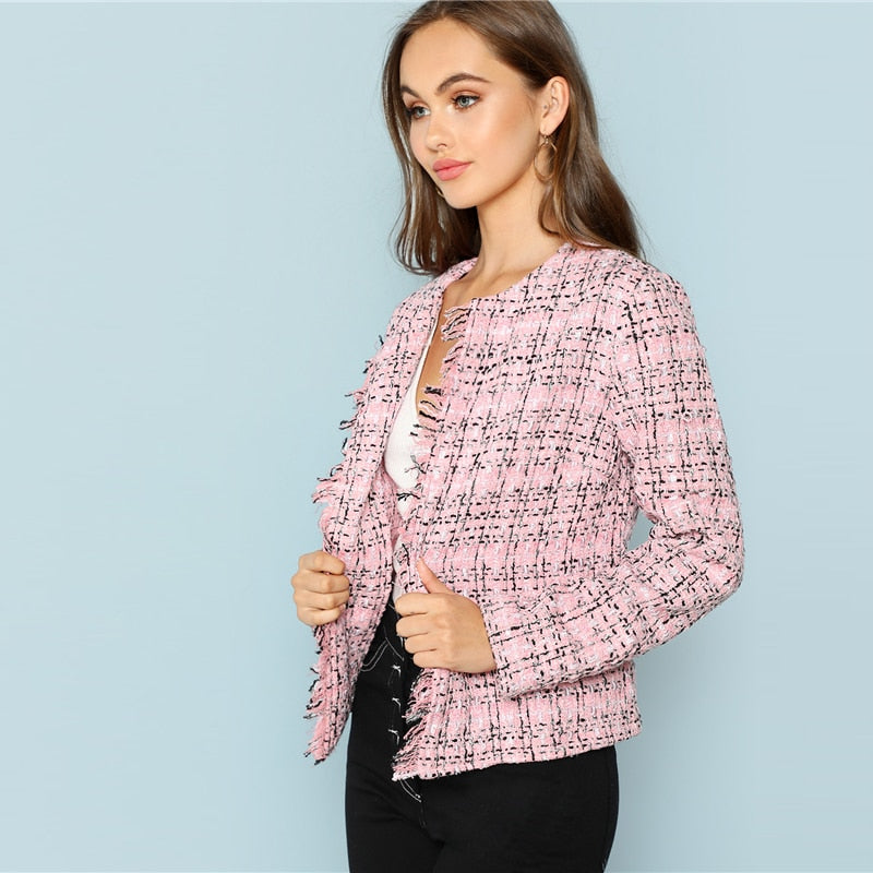 Frayed Edge Plaid Tweed Blazer