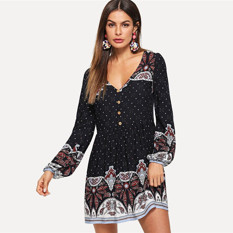 Tribal Print Button Half Placket Dress