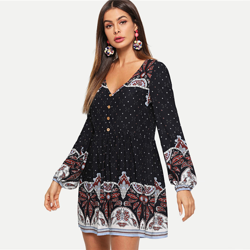 Tribal Print Button Half Placket Dress