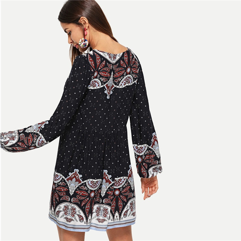 Tribal Print Button Half Placket Dress