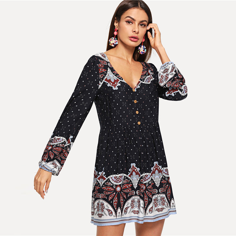 Tribal Print Button Half Placket Dress