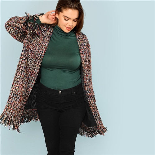 Plus Size Frayed Fringe Trim Blazer