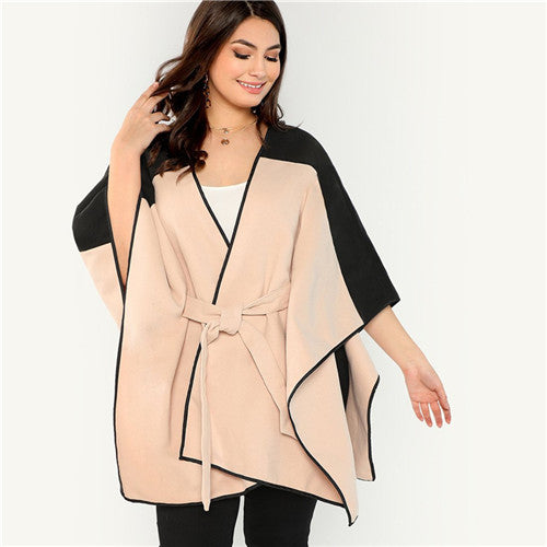 Plus Size Belted Long Cape Coat