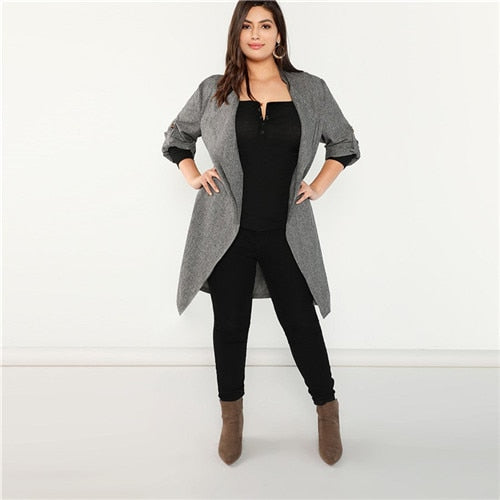 Plus Size Grey Waterfall Collar Coat