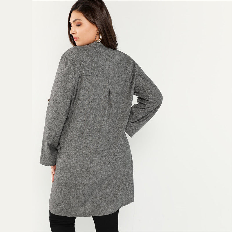 Plus Size Grey Waterfall Collar Coat