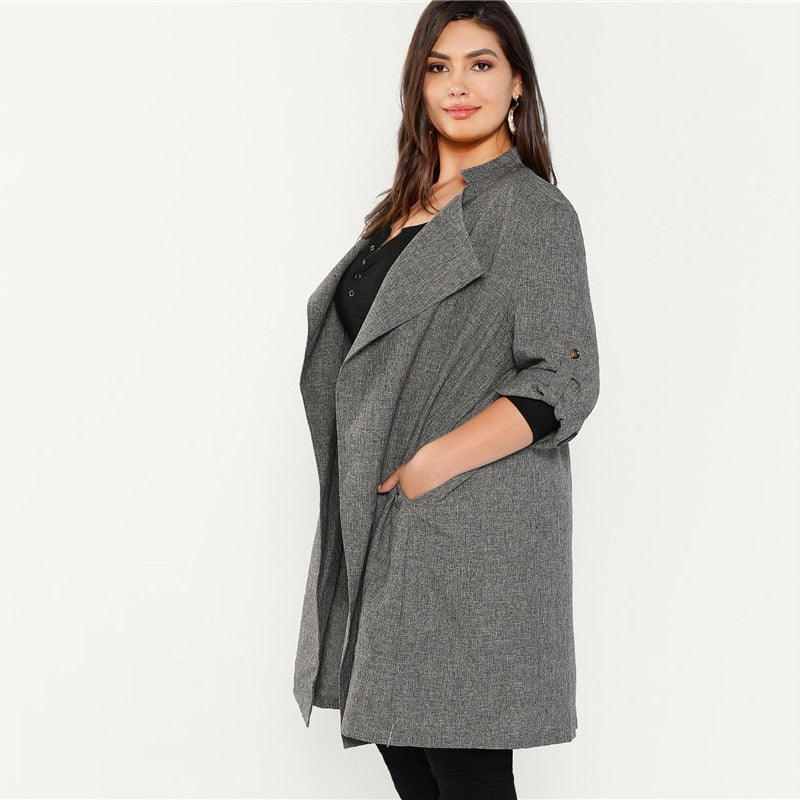 Plus Size Grey Waterfall Collar Coat