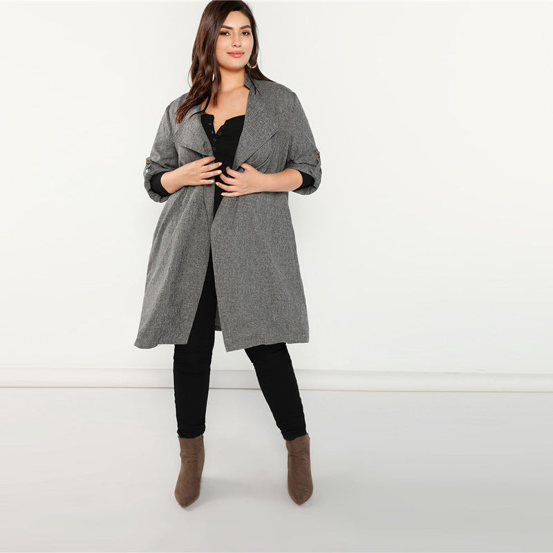 Plus Size Grey Waterfall Collar Coat