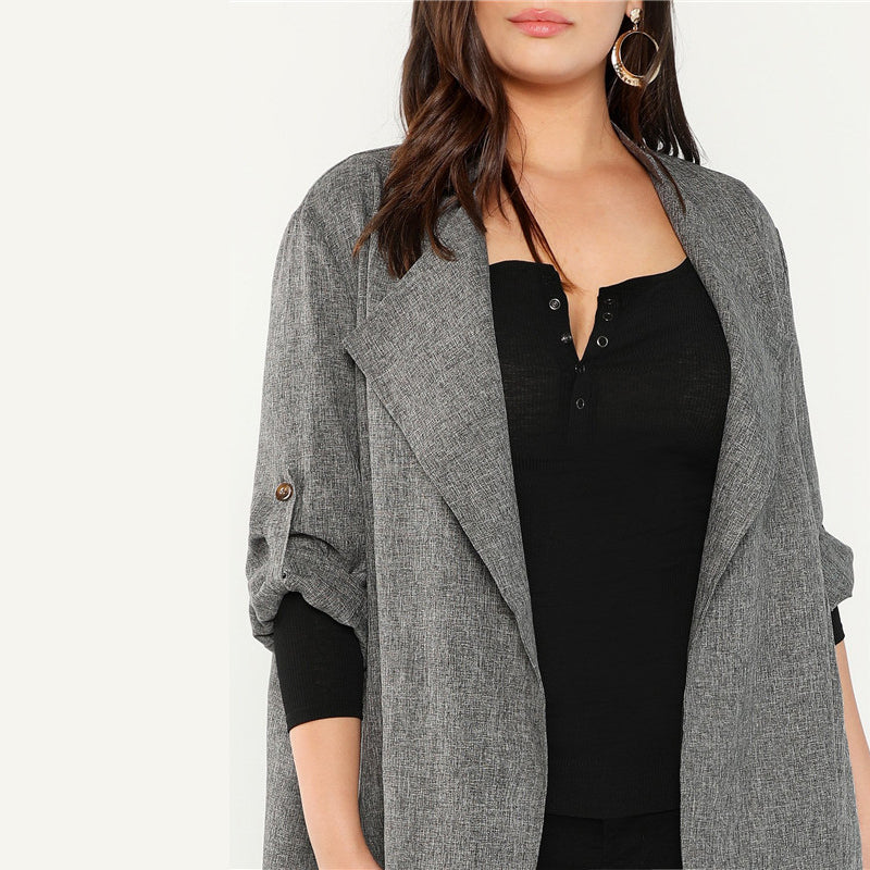 Plus Size Grey Waterfall Collar Coat