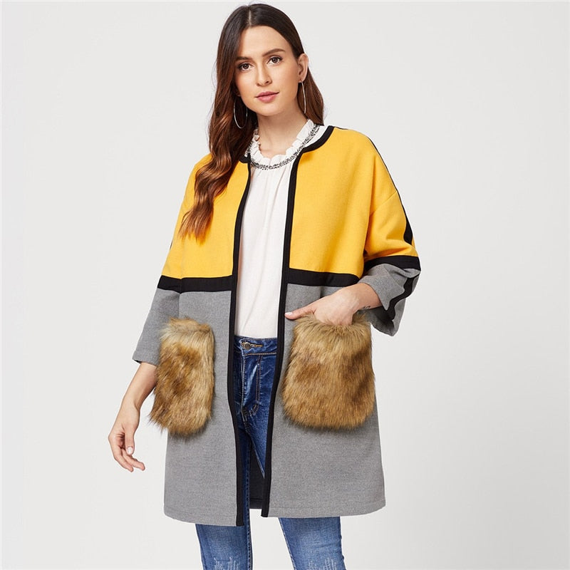 Contrast Long Faux Fur Coat