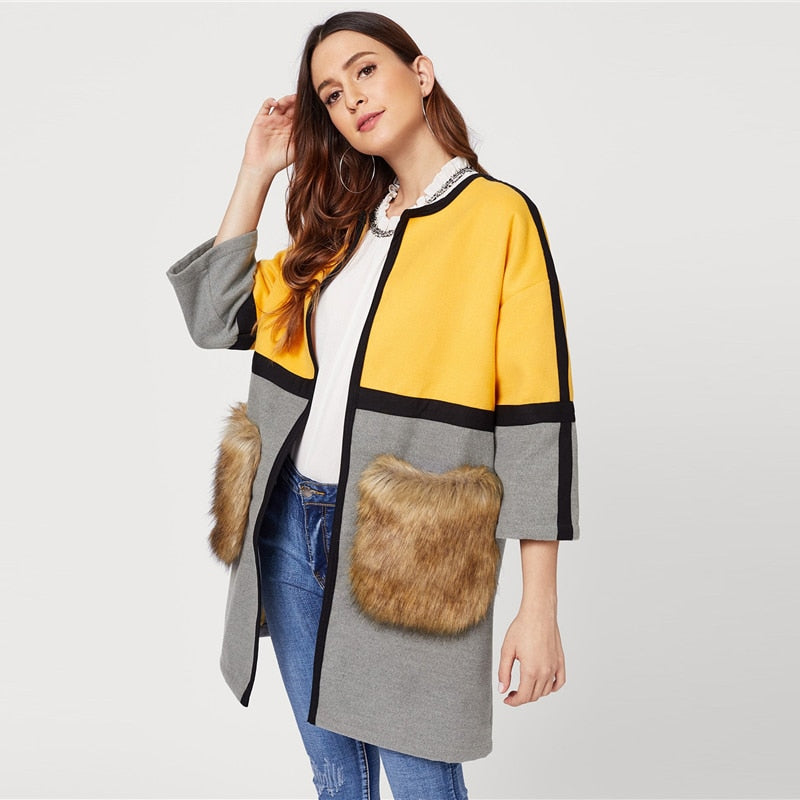 Contrast Long Faux Fur Coat